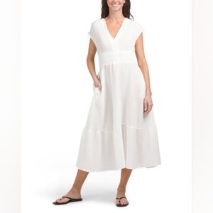 NWT - Joe's Ivory Cotton Gauze V Neck Smocked Waist Tiered Maxi Dress - Size L